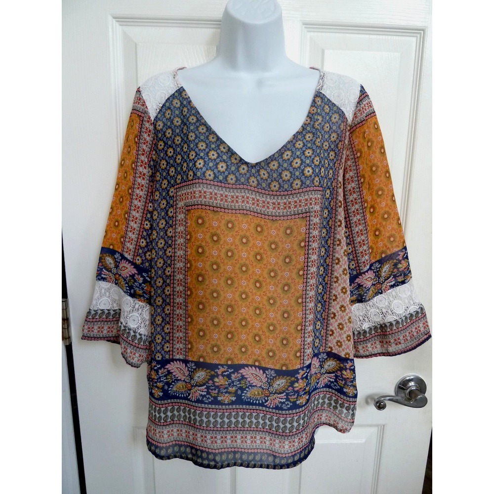 New Directions Women M Patchwork Sheer Pullover Blouse Lace Hippie Floral V-Neck